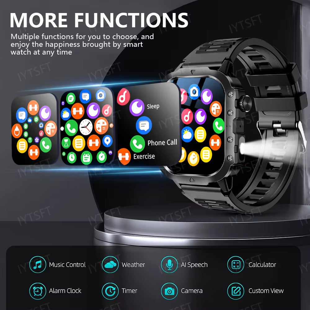 2025 New Military Smart Watch Men Outdoor Sports Fitness Tracker Health Monitoring 2.01Inch Bluetooth Calls Smartwatch