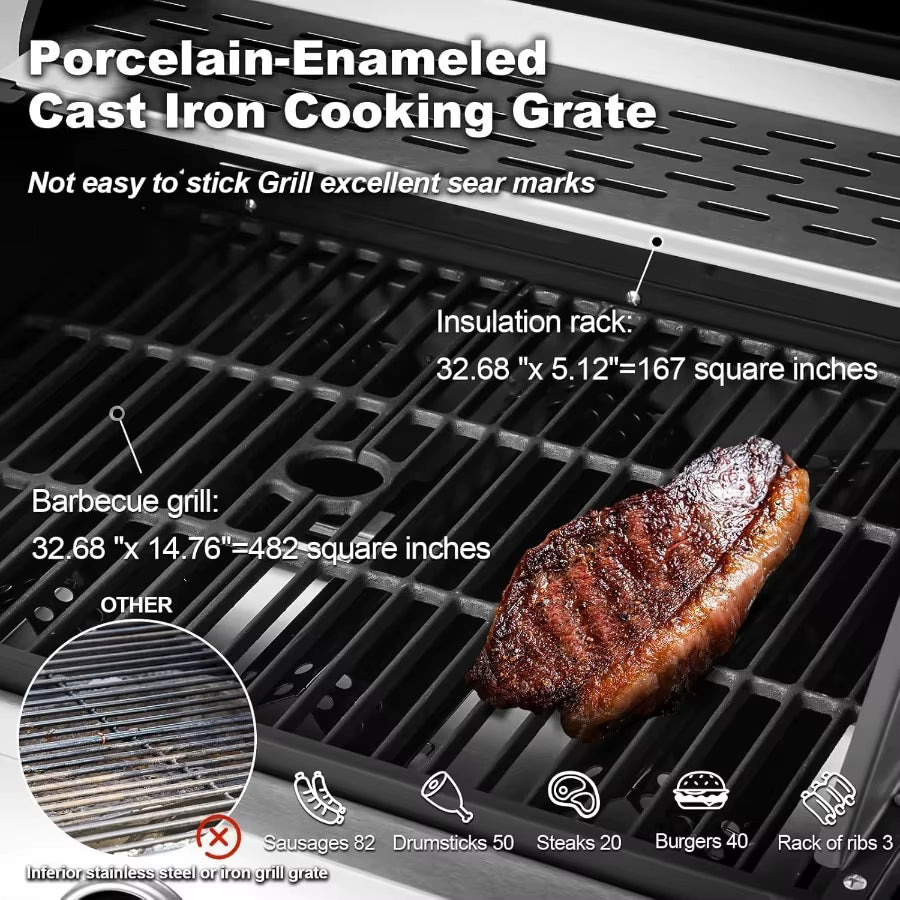 60000 BTU Stainless Steel 6 Burner Propane BBQ Grill with Side Stove Cast Iron Grates for Patio Camping Outdoor Cooking in Blac