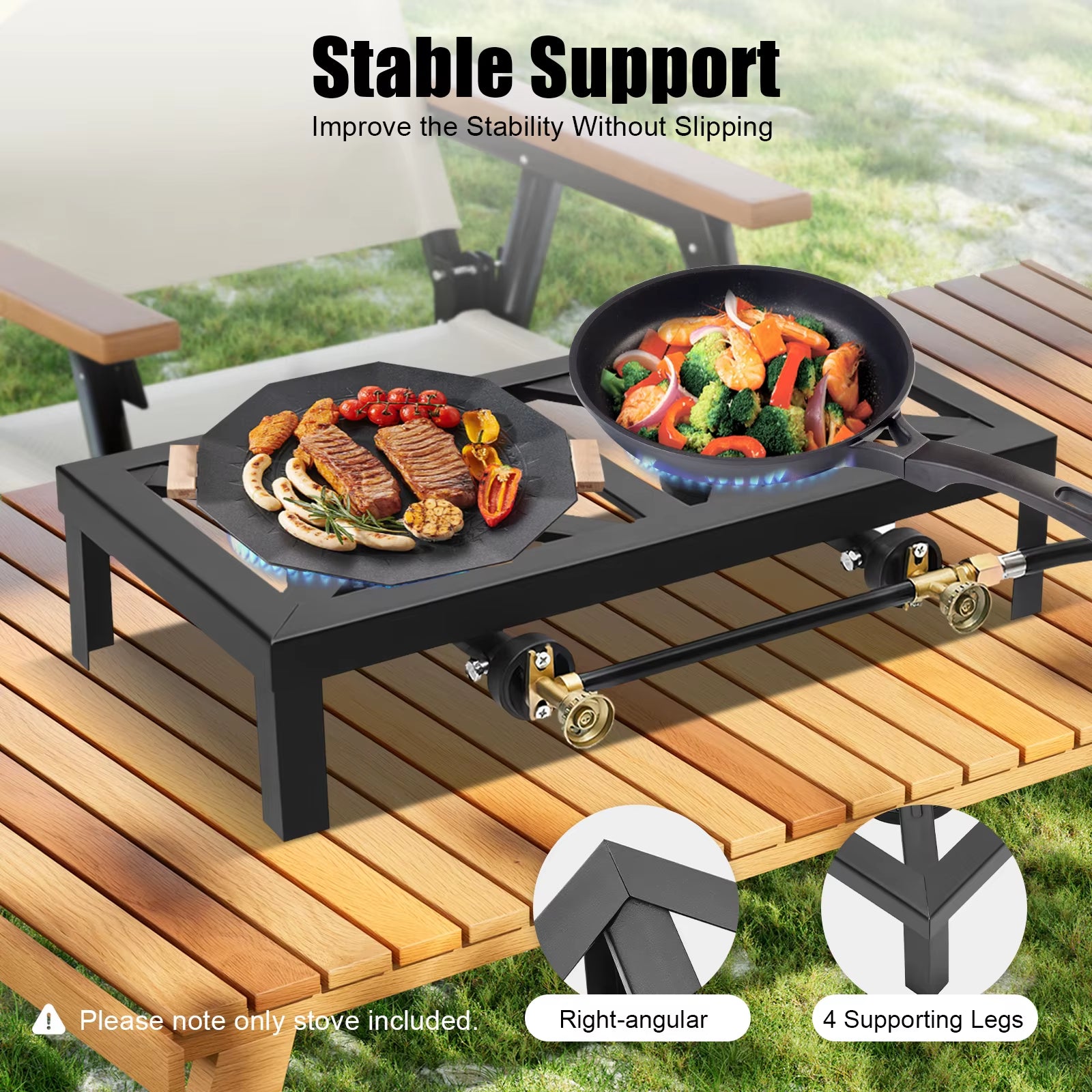 Portable Double Burner Outdoor Gas Stove Propane Cooker with Adjustable 0-10Psi Regulator Hose for Patio Camping, BBQ