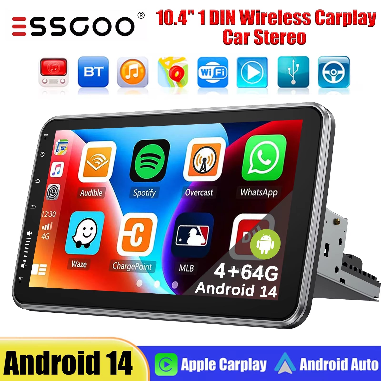 10.1 Inch 4+64GB Rotatable IPS Touchscreen Single 1 DIN Car Stereo Wireless Apple Carplay Android Auto FM Bluetooth GPS
