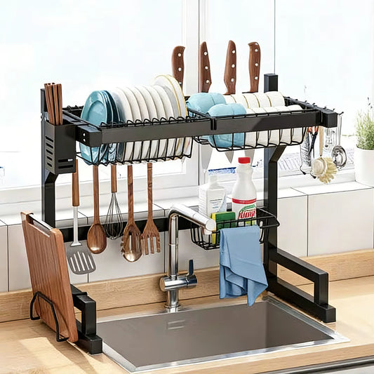 Dish Rack above Sink - Two-Tier Large Capacity Draining Rack with Knife and Utensil Holder Home Decor