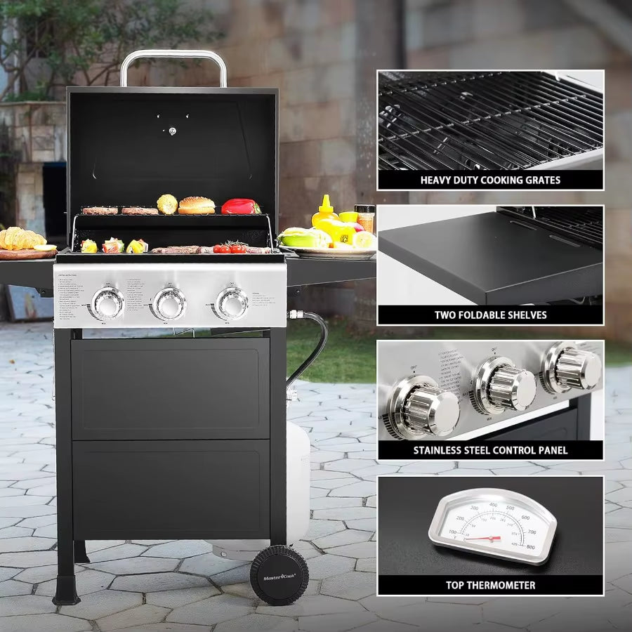 3 Burner BBQ Propane Gas Grill Stainless Steel 30 000 BTU Patio Garden Barbecue Grill with Two Foldable Shelves