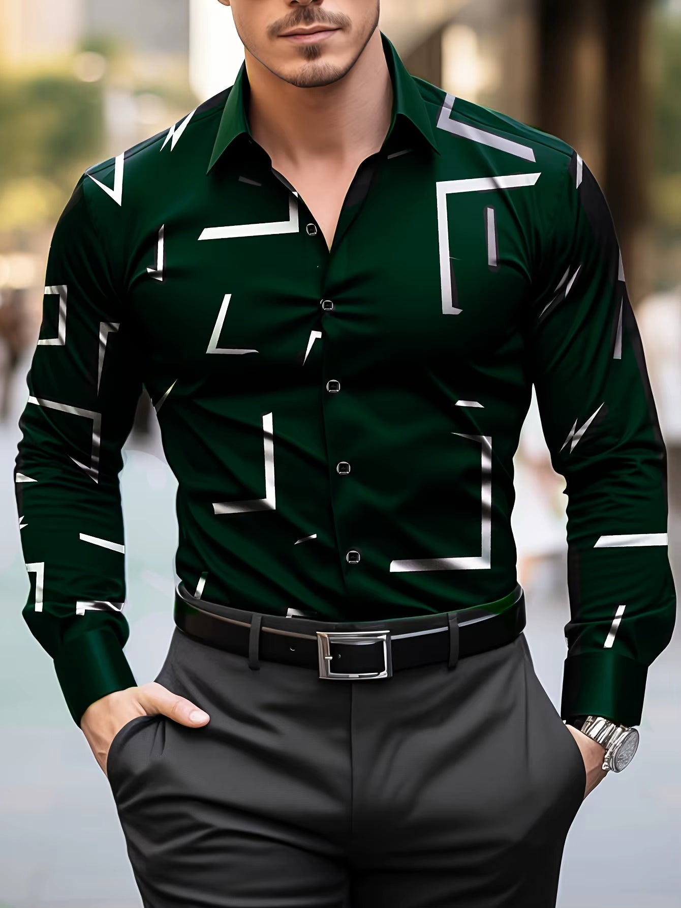 Fashion Men'S Casual Regular Fit Geometric Pattern Long Sleeve Solid Color Polyester Button Lapel Shirt,Non-Stretch Fabric