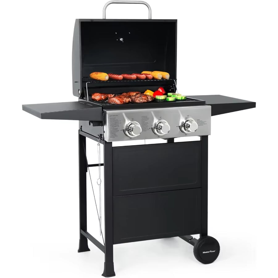 3 Burner BBQ Propane Gas Grill Stainless Steel 30 000 BTU Patio Garden Barbecue Grill with Two Foldable Shelves