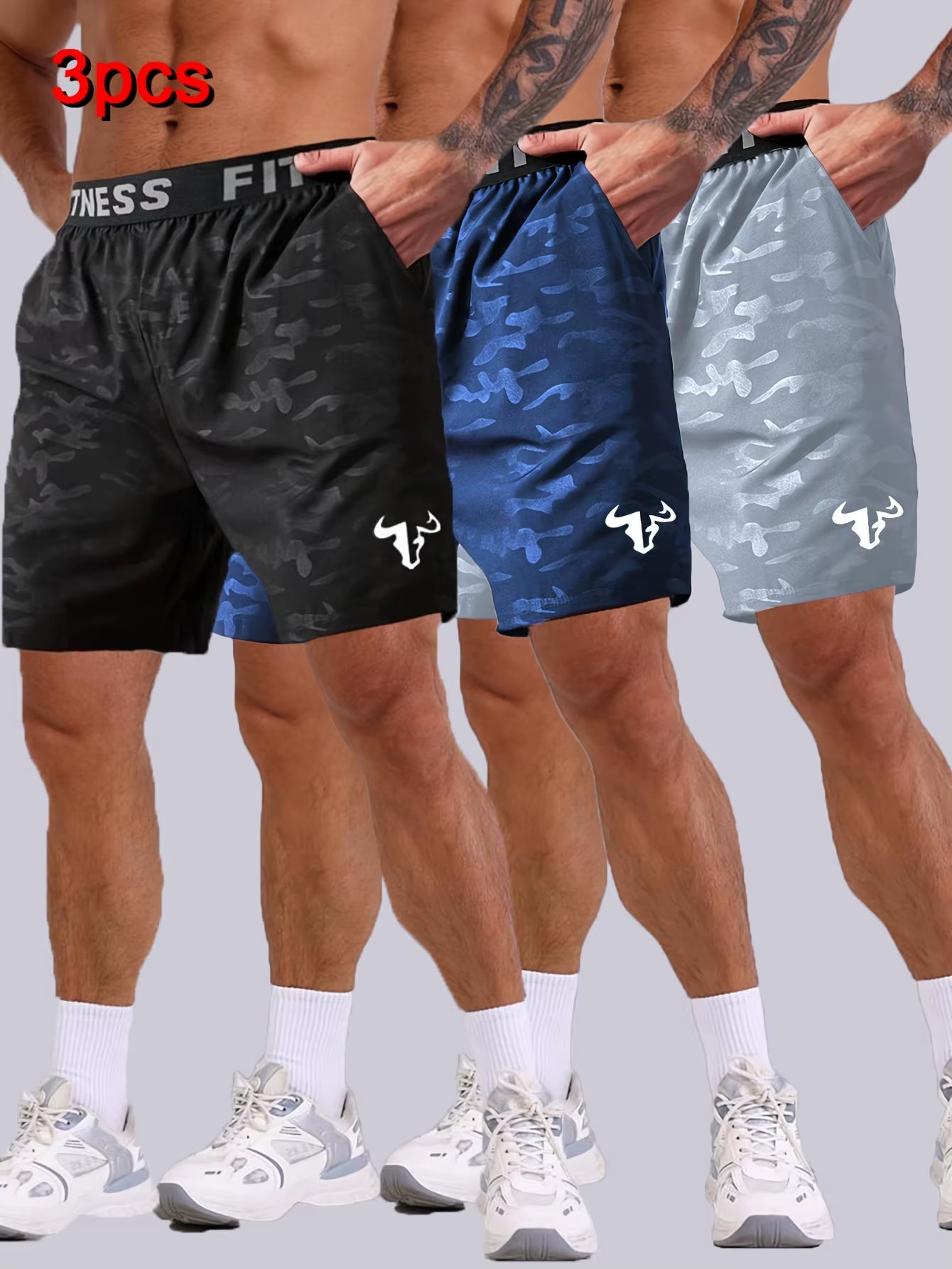 Men'S Bull Print Sports Shorts 3-Piece Set