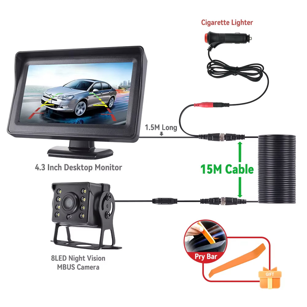 Car Rear View Camera with Monitor for Truck Parking 4.3" Screen HD Reversing Camera 12-24V Night Vision Easy Installation