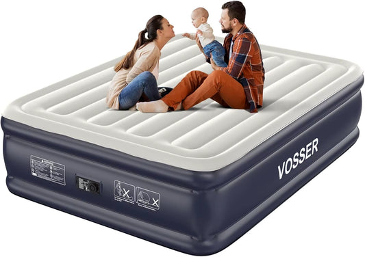 Queen Air Mattress with Built-In Pump, 18'' Inflatable Bed, Fast Self-Inflation in 3 Mins, Flocked Top for Home and Camping
