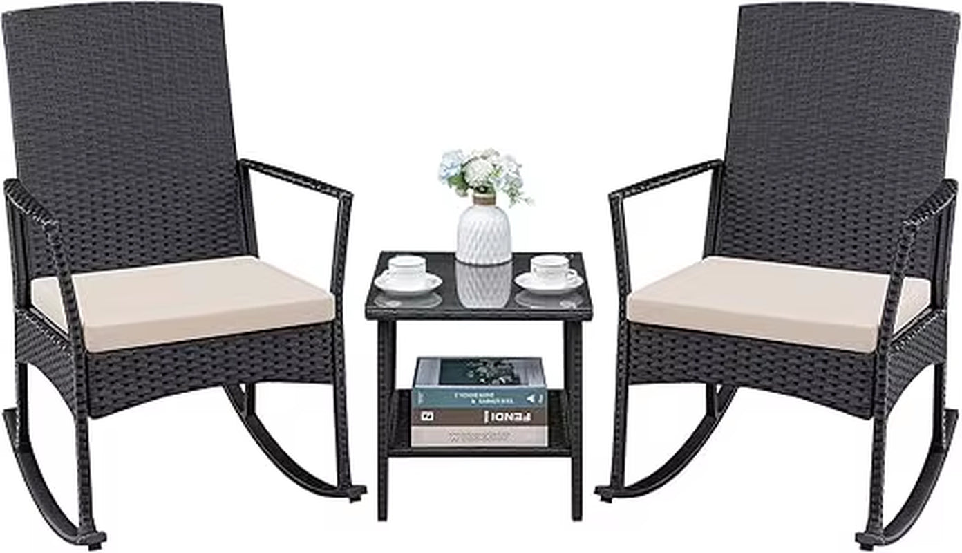 3 Pieces Patio Furniture Set Outdoor Wicker Rocking Chairs with Glass Coffee Table for Garden Backyard Porch Poolside, Beige