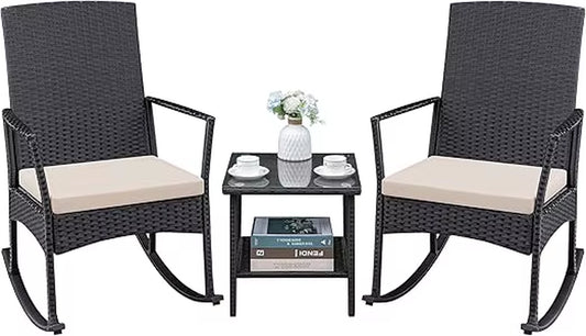 3 Pieces Patio Furniture Set Outdoor Wicker Rocking Chairs with Glass Coffee Table for Garden Backyard Porch Poolside, Beige