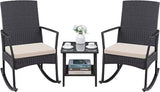 3 Pieces Patio Furniture Set Outdoor Wicker Rocking Chairs with Glass Coffee Table for Garden Backyard Porch Poolside, Beige