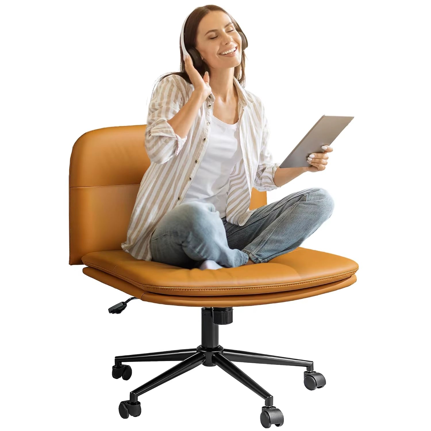 Armless Cross-Legged Office Chair with Wheels - Comfortable Wide Seat Vanity Chair for Living Spaces, Customizable Design