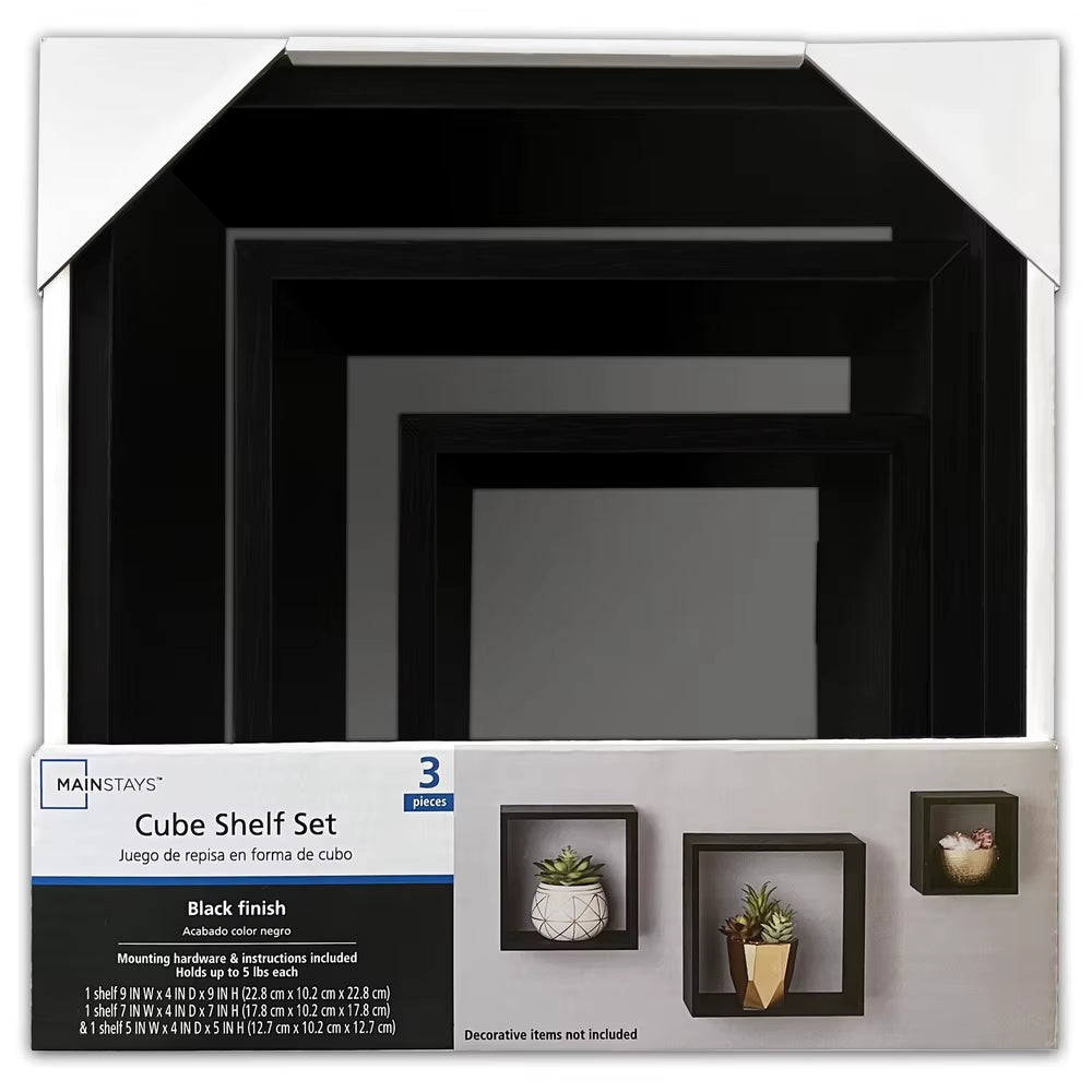 Modern Black Wood Cube Shelf Set Stylish Floating Storage Easy Installation Home Office Décor 3 Piece Set Holds 5Lbs Each