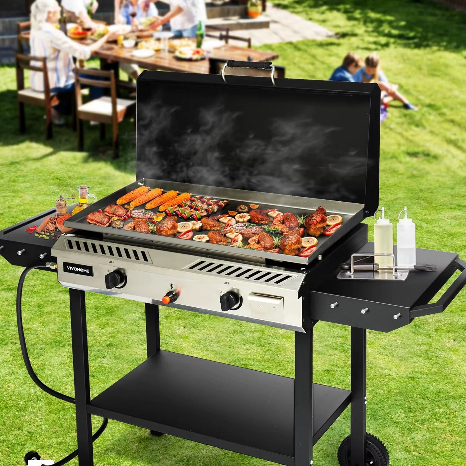 2-Burner Outdoor Griddle Station with Detachable Griddle Plate, Portable Propane Gas Stove with 2 Wheels,, Customized