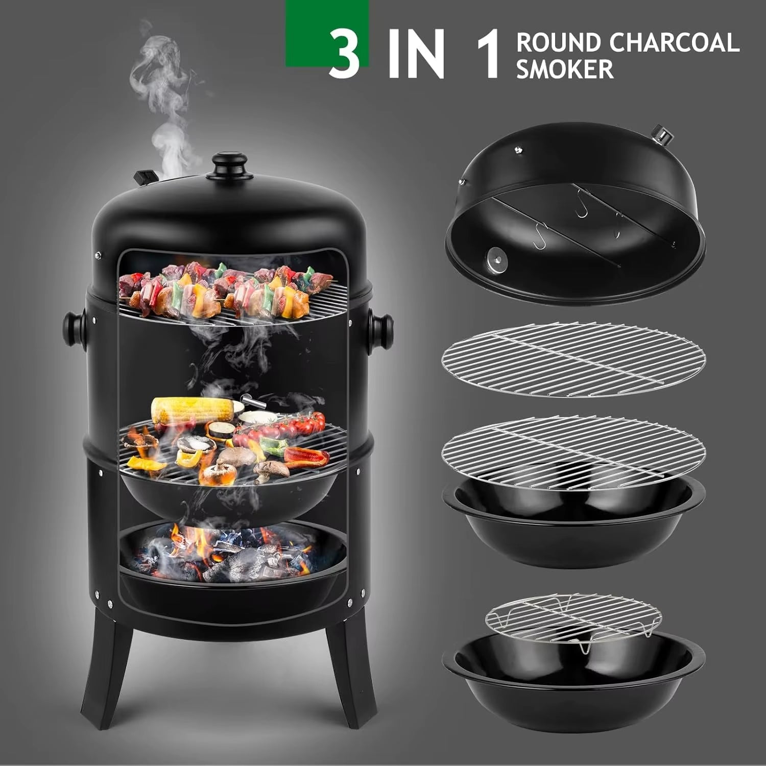 16 Inch Charcoal BBQ Smoker Grill,3-In-1 Portable Vertical Grill Cooker with Built-In Thermometers & Adjustable Vent Systems