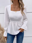 Shirred Square Neck Cinched Waist Blouse Casual Long Sleeve Top for Spring Fall Women'S Clothing