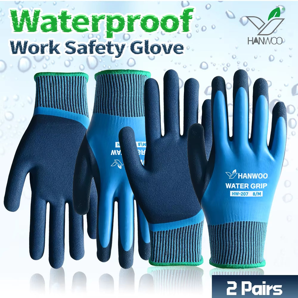 Waterproof Safety Work Gloves, Full Latex Coating, Non-Slip and Wear-Resistant, Gardening、Fishing、Outdoor, 2 Pairs