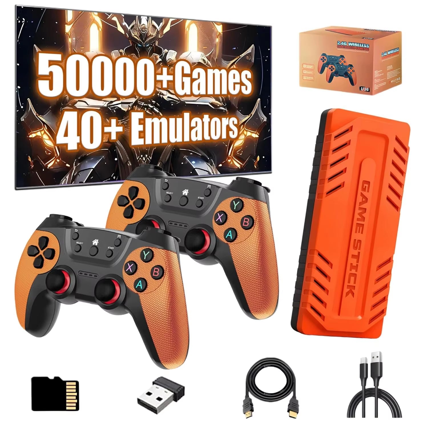 U36 Retro Game Stick 4K Video Game Console 50000+ Games,40+ Emulators, 2 Wireless Controllers,S905X4 Quad Plug and Play TV Game
