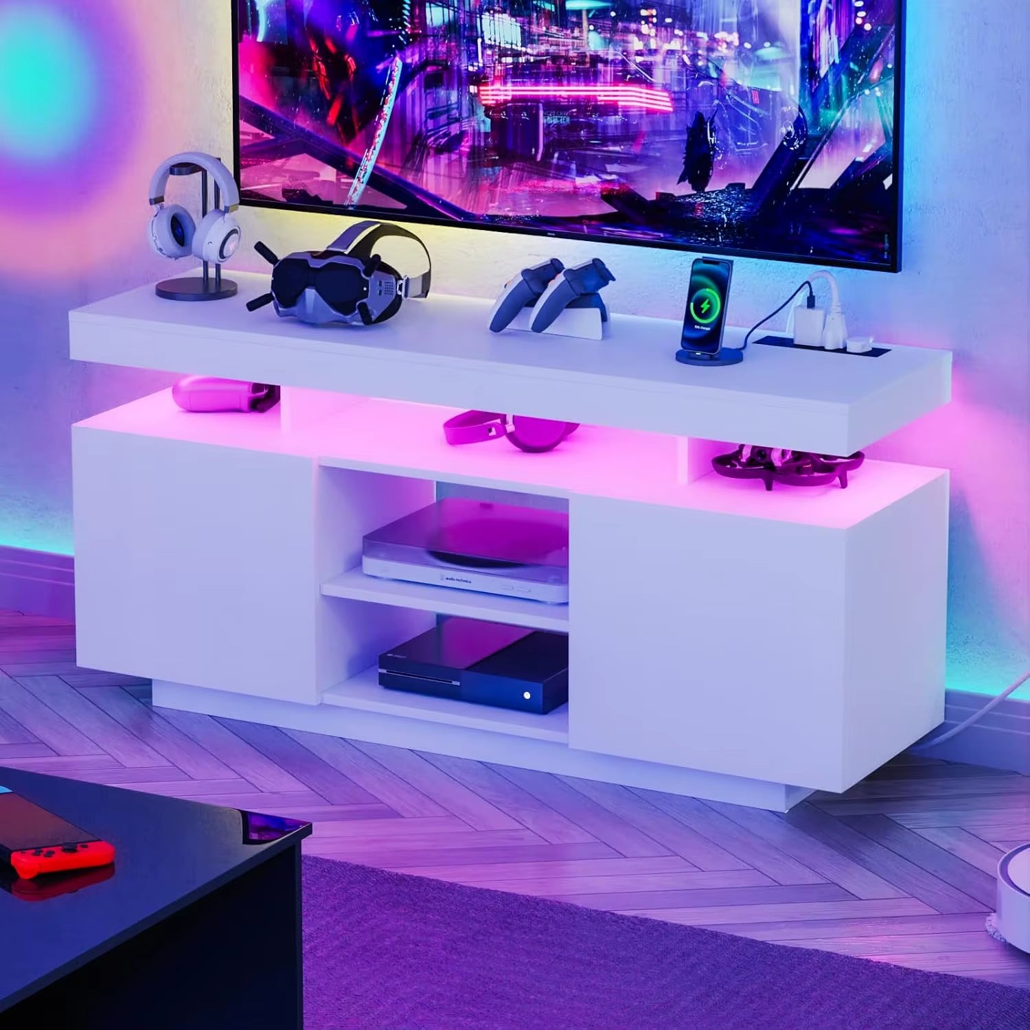 LED TV Stand for 55/50/43/40/32 Inch TV - Modern Entertainment Center with Power Outlets, Gaming Console Cabinet