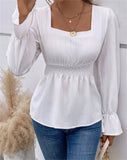 Shirred Square Neck Cinched Waist Blouse Casual Long Sleeve Top for Spring Fall Women'S Clothing