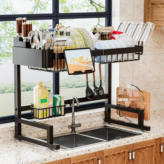 Over Sink Dish Drying Rack (Expandable Height/Length) Snap-On Design Large Dish Drainer Storage Counter Organizer 24" - 35.5"(L)