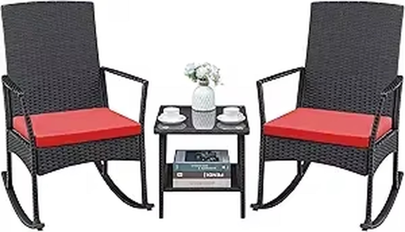 3 Pieces Patio Furniture Set Outdoor Wicker Rocking Chairs with Glass Coffee Table for Garden Backyard Porch Poolside, Beige