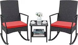 3 Pieces Patio Furniture Set Outdoor Wicker Rocking Chairs with Glass Coffee Table for Garden Backyard Porch Poolside, Beige