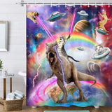 Funny Cat Shower Curtain Boys Kids Bathroom Decor, Cool Riding Dinosaur on Fantasy Galaxy Hilarious Curtain, Funky Outer Space