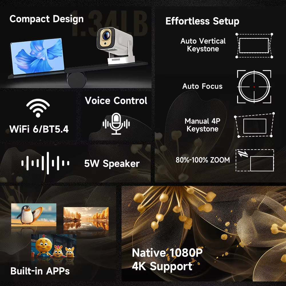 HY310 Auto Focus Projector 1080P Native 4K 330ANSI Android 11 Wifi6 BT5.4 Mini Outdoor Movie Projector with Air Mouse