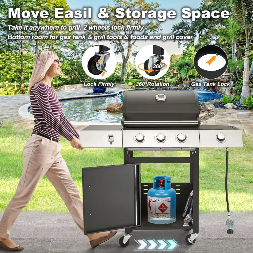 Stainless Steel 36,000 BTU Propane Grill with 3 Burners, Cast Iron Grates, and Side Shelf BBQ Barbecue