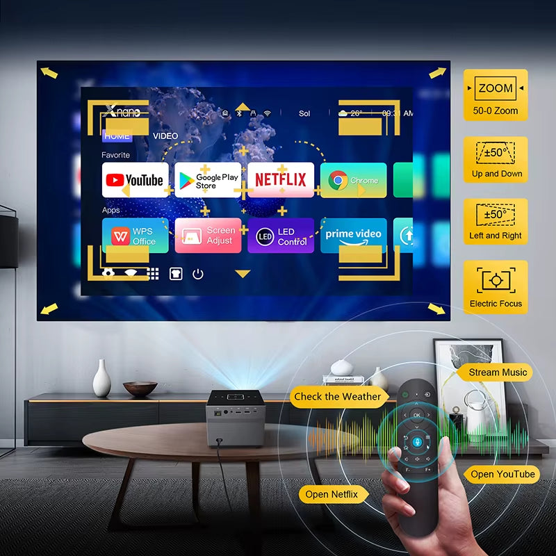 300ANSI Projector 8K/4K Wifi 5G Voice Remote Portable Smart Movie Projector with LED Lighting BT5.0 Bulit-In More App