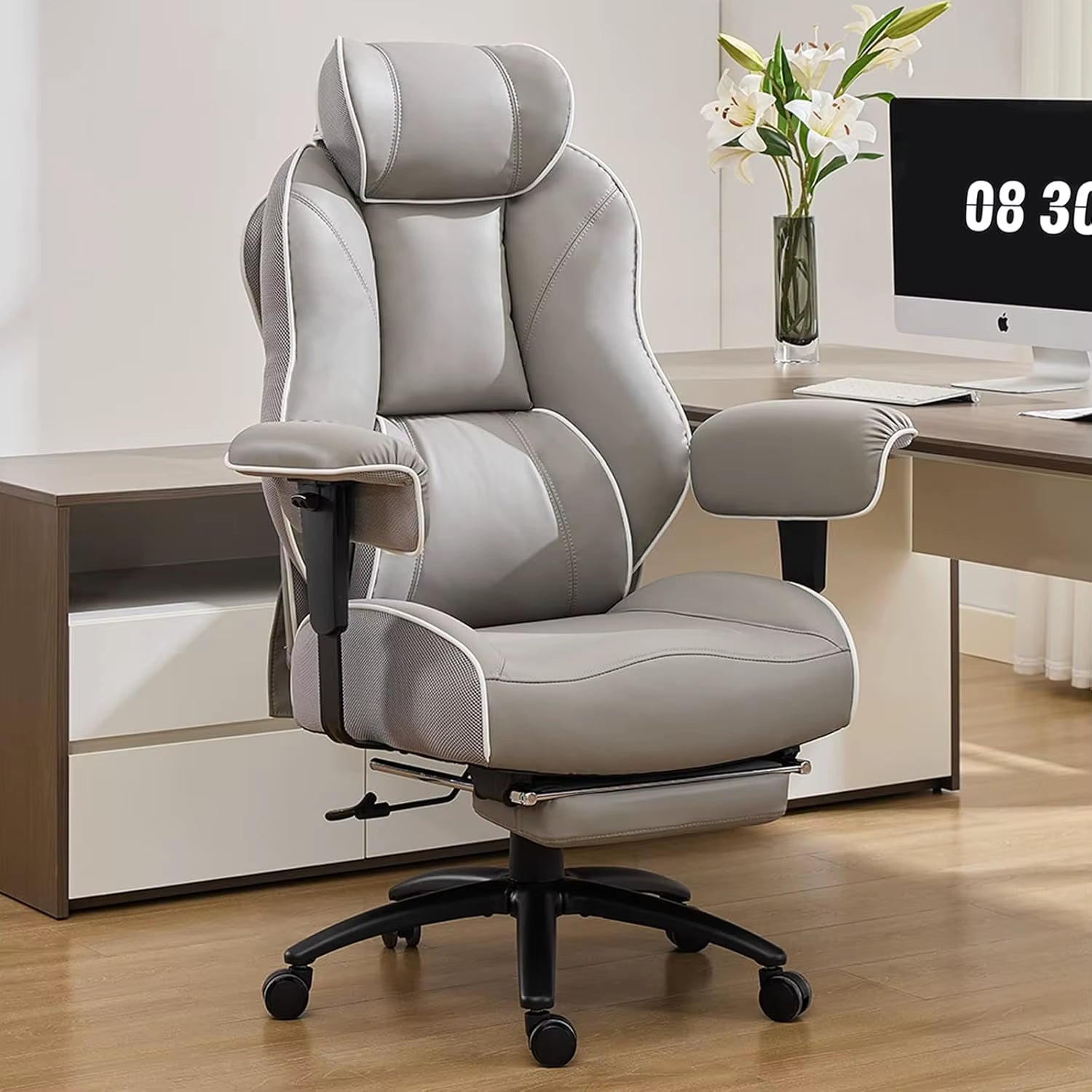 Big and Tall Ergonomic Executive Office Chair with Footrest and Lumbar Support, High Back PU Leather Design