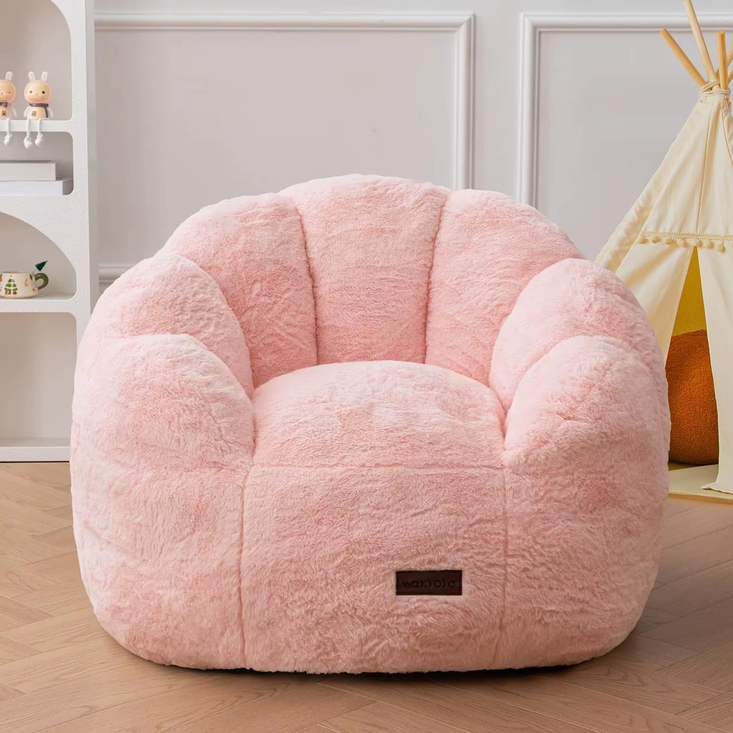 Floral Shaped Plush Faux Fur Sofa with Petal Backrest, Cozy Stuffed Couch for Nursery and Bedroom in Pink