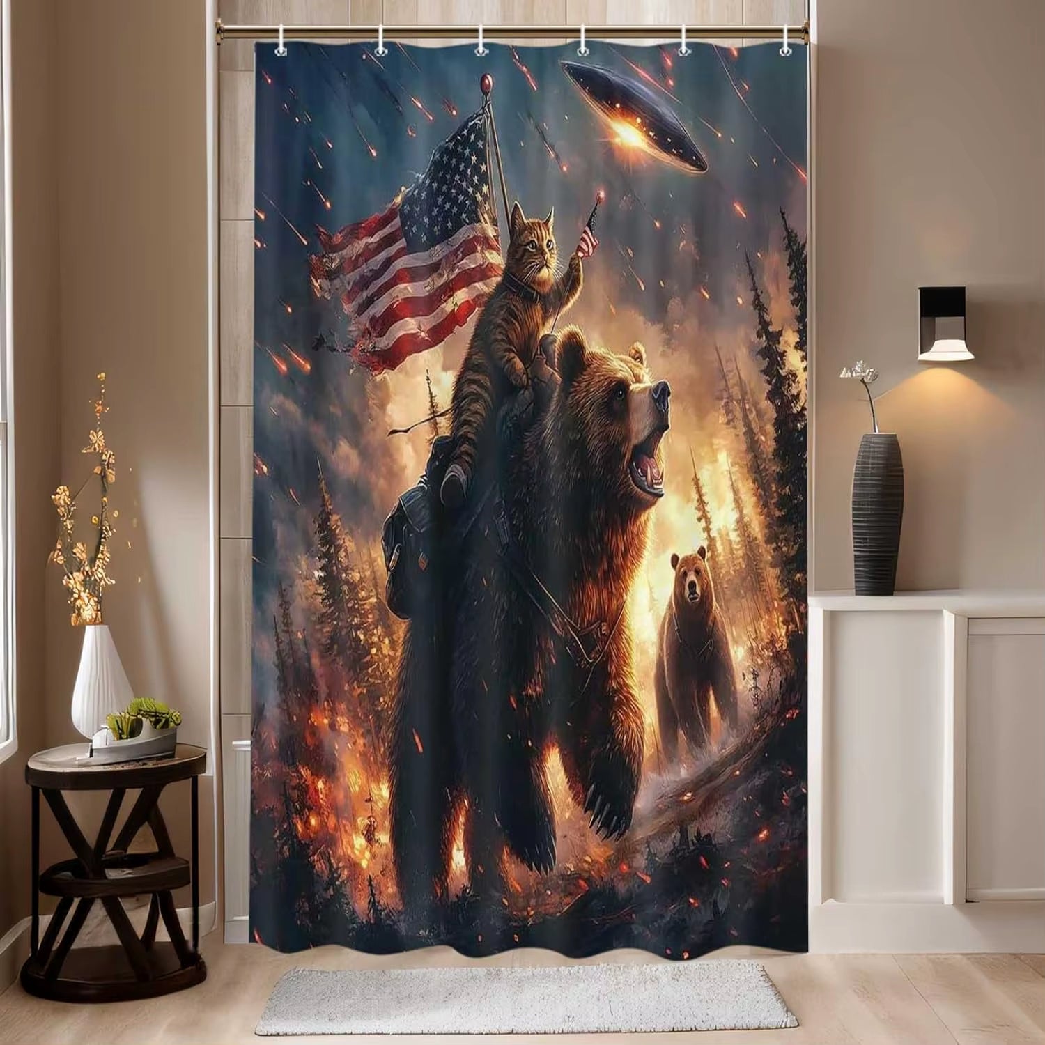 Funny Cat Shower Curtain Boys Kids Bathroom Decor, Cool Riding Dinosaur on Fantasy Galaxy Hilarious Curtain, Funky Outer Space