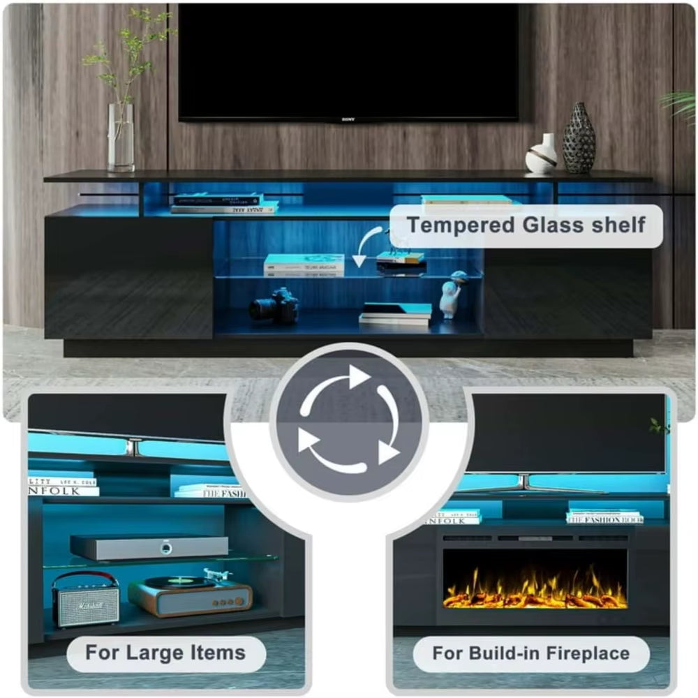TV Stand for 65-80 in TV, Modern High Gloss Entertainment Center with Adjustable Mood Lighting, Glass Shelves & Largestorage