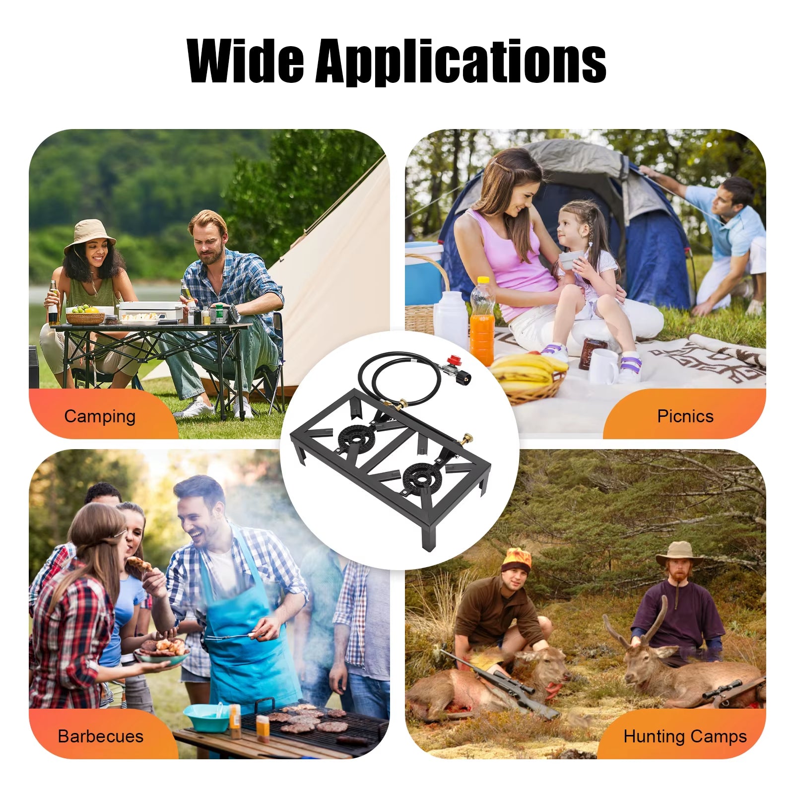 Portable Double Burner Outdoor Gas Stove Propane Cooker with Adjustable 0-10Psi Regulator Hose for Patio Camping, BBQ