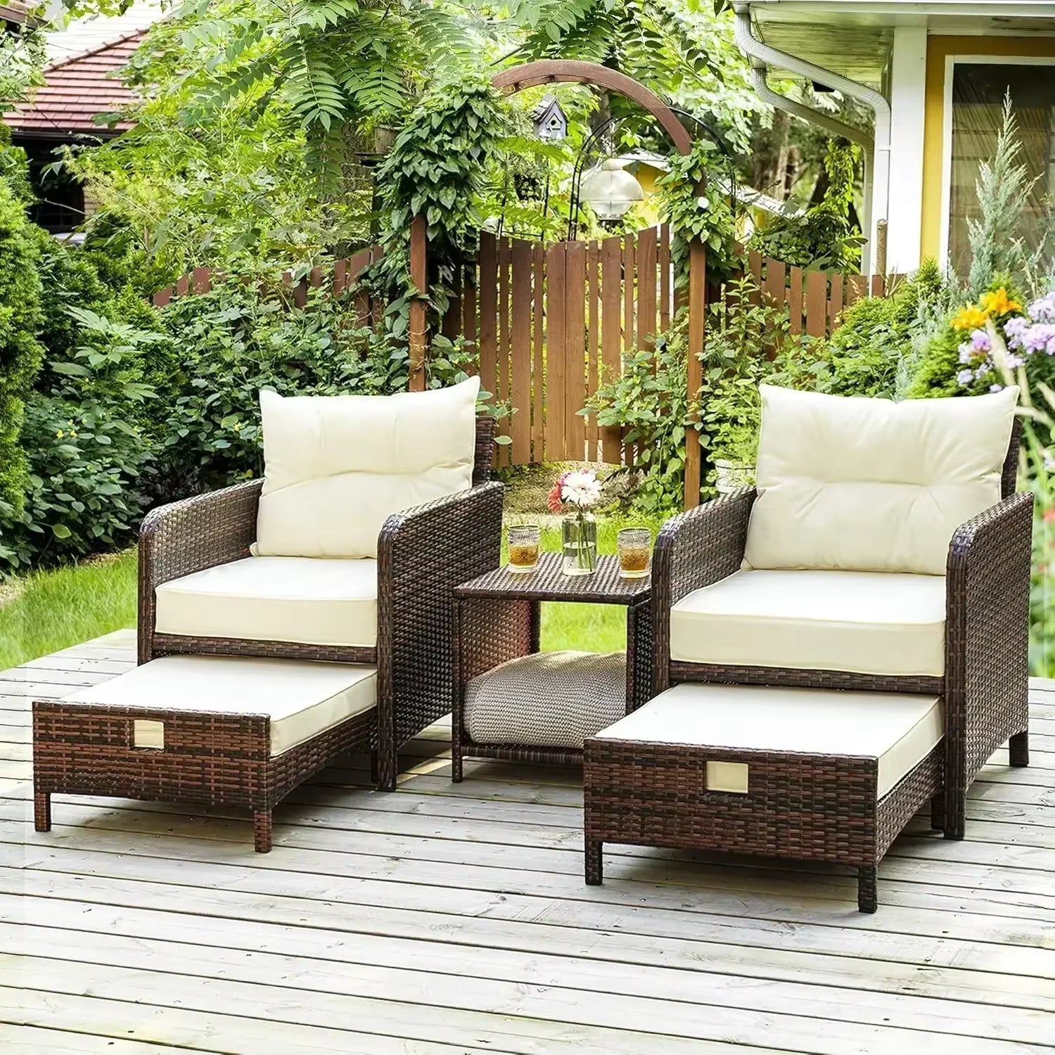 [XMSJ]5 Pieces Wicker Patio Furniture Set Outdoor Patio Chairs with Ottomans Conversation with Coffetable for Poolside Garden (B