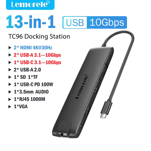 TC96 USB Hub USB 3.1 Dock Station USBC to Dual HDMI 4K 10Gpbs Type-C 100W Gigabit Ethernet Adapter VGA USBC 3.1 for Mac