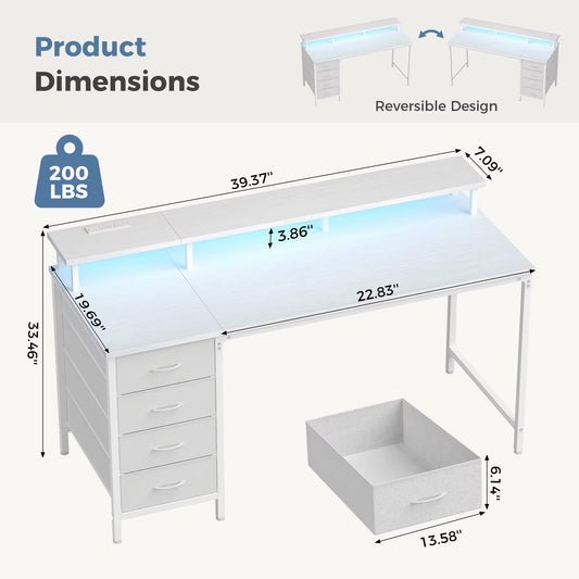 Adjustable Gaming Computer Desk (40-47 Inches) with 4 Storage Drawers, Integrated Power Outlets, and LED Lighting for Home Office Use