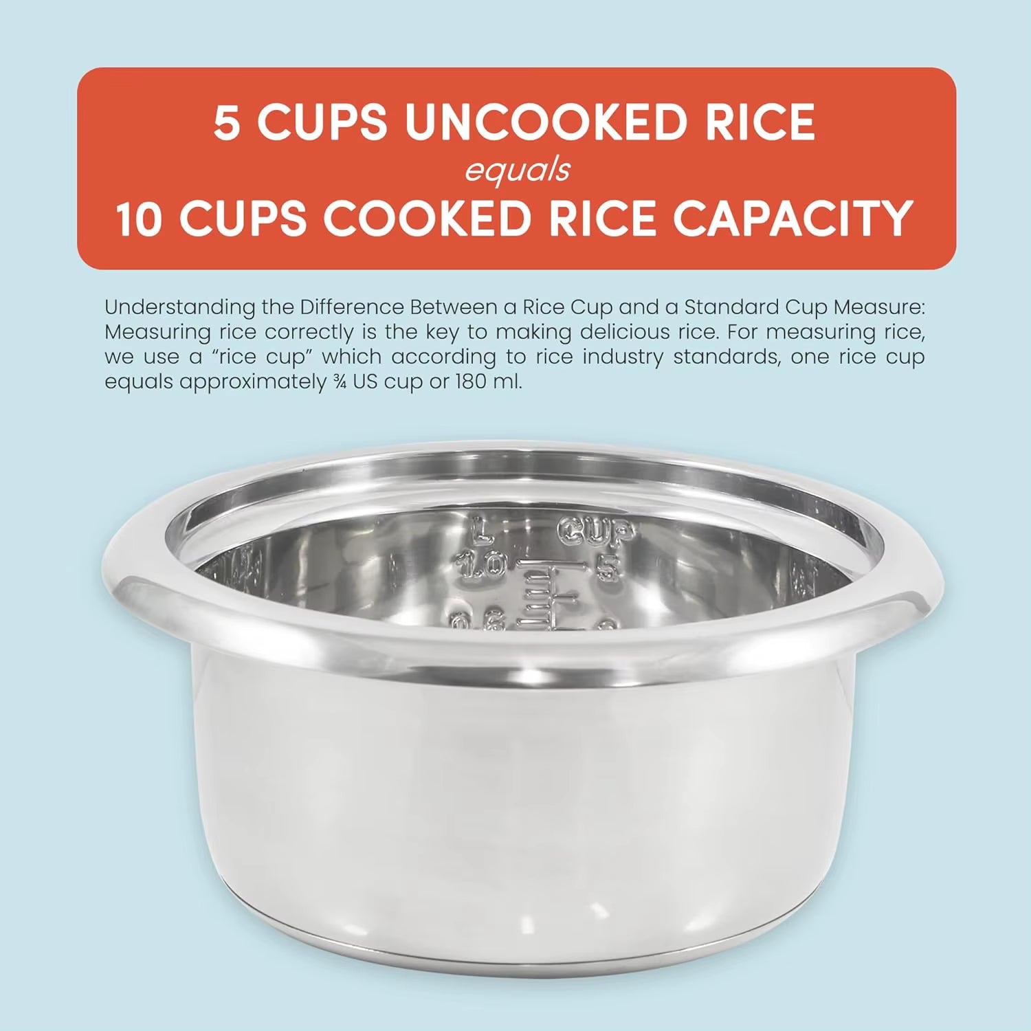 10-Cup Electric Rice Cooker with 304 Stainless Steel Inner Pot for Soups, Stews, Porridges, Grains