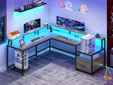 L-Shaped Gaming Desk with LED Lighting, Power Outlet, and Storage Solutions, 66" Corner Home Office Desk for Two Users, Grey