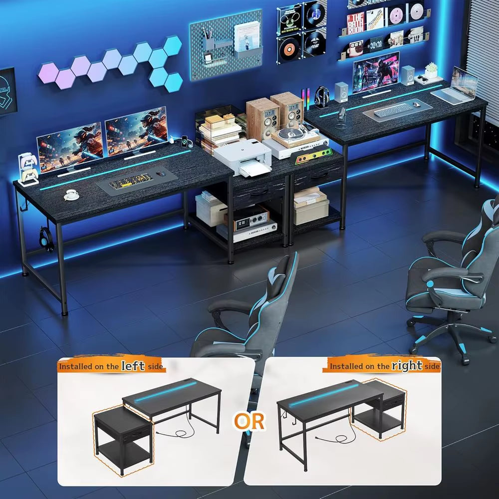 48.1-Inch LED-Illuminated Gaming Desk with Power Outlets and Storage, Reversible Design for Versatile Use in Compact Spaces or Dormitories