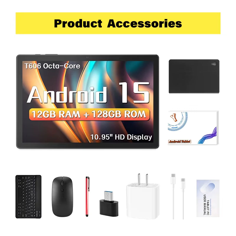 2025 Android 15 Tablet, 12GB RAM, 128GB Storage with 1TB Expandable Memory, 10.95-Inch Display, Octa-Core Processor, Dual Cameras, 8000mAh Battery with 18W Fast Charging