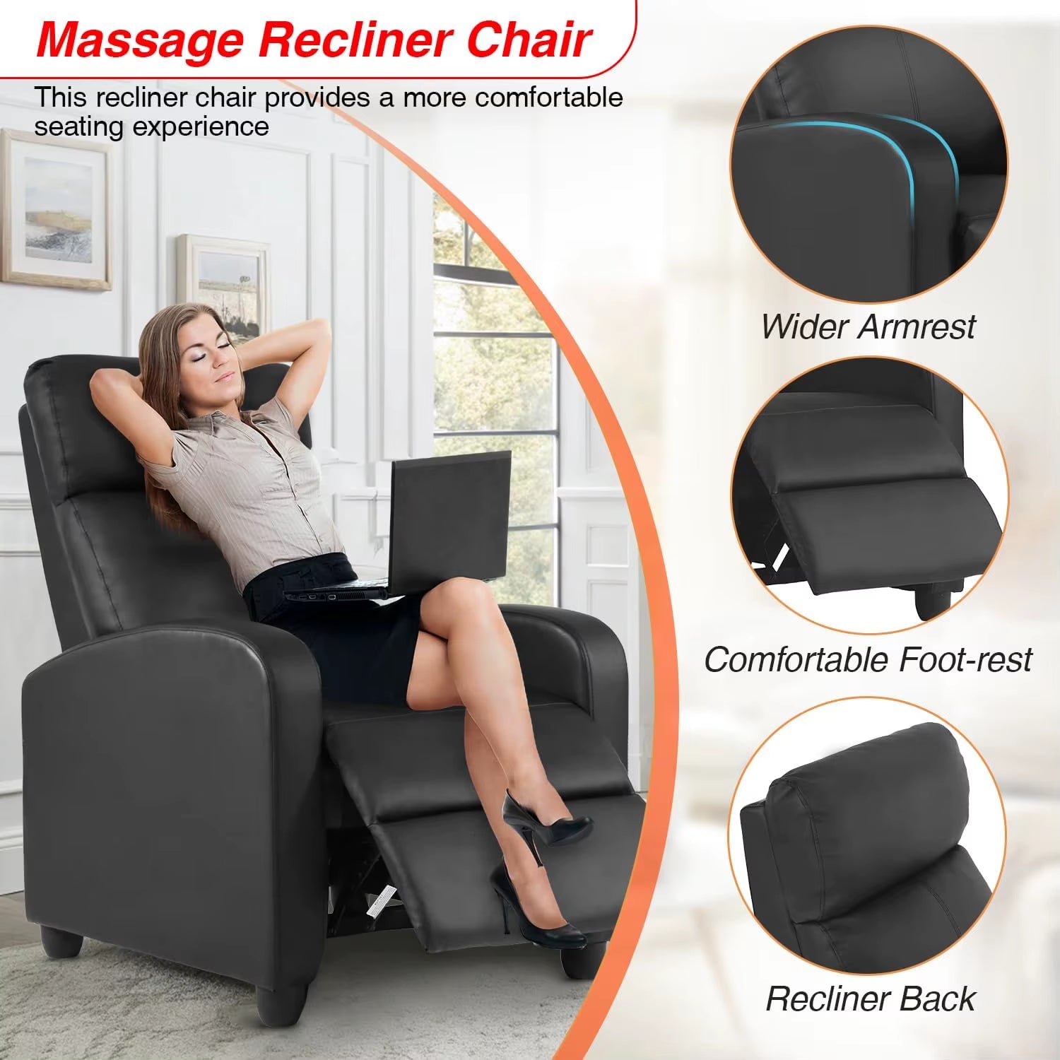 Massage Recliner Sofa with Lumbar Support and Adjustable Backrest for Living Room or Bedroom in Black Leather