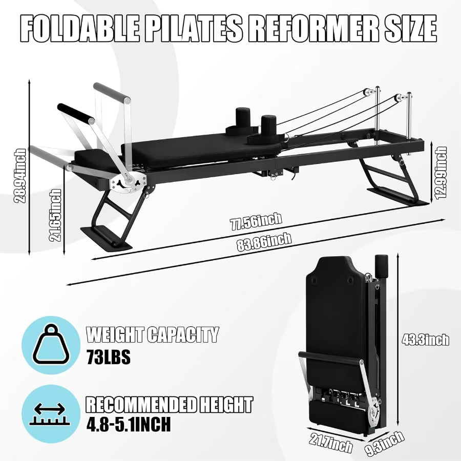 Foldable 78 Pilates Reformer Machine with Springs Cords for Home Workout Heavy Duty Reformer Set in Black up to 400 LBS Capacit