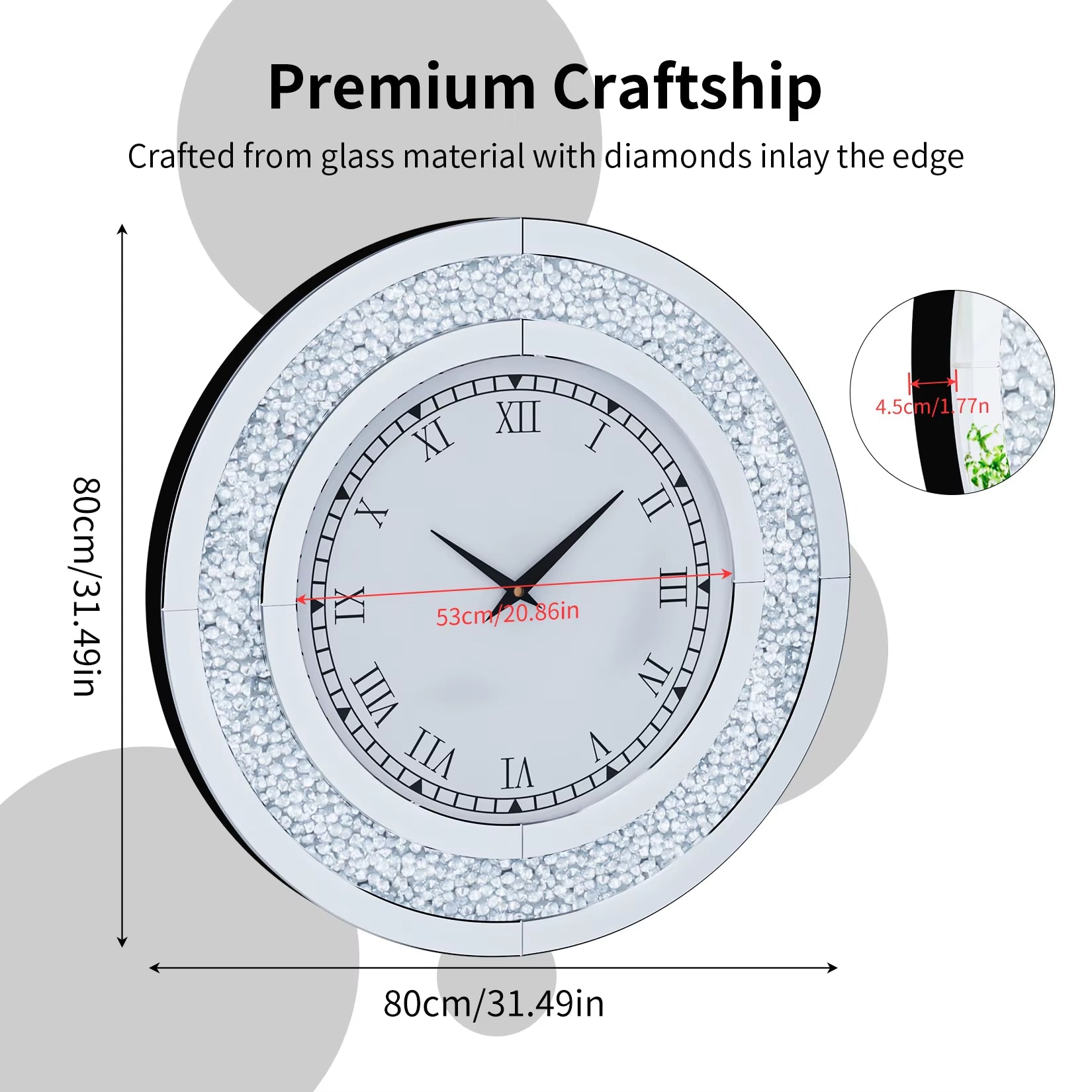 60/80CM Bling Silver round Mirror Clock Glam Sparkle Twinkle Shining Mirrored Wall Clock for Home Decor