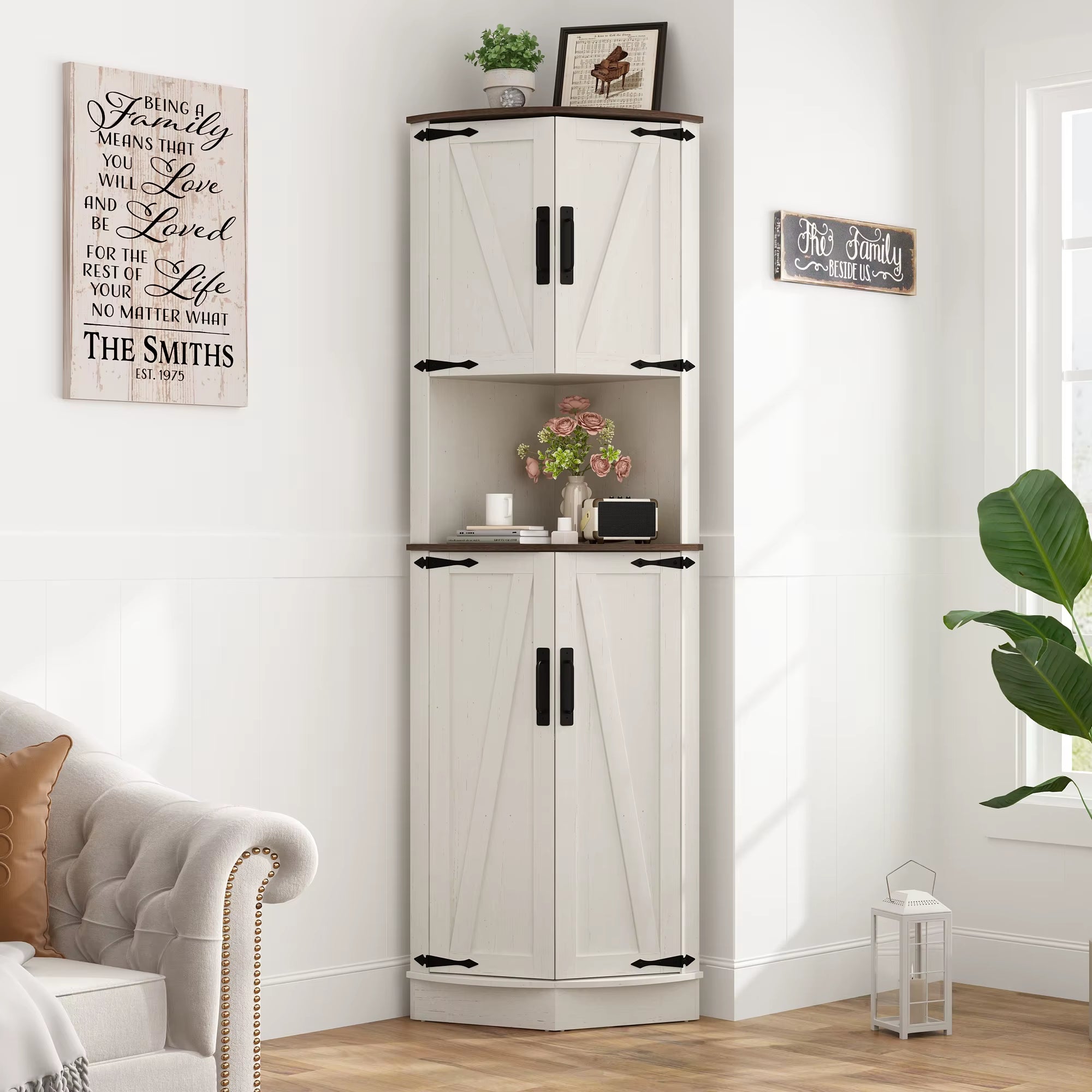 Bathroom Storage Tall Cabinet with Doors, 67" Corner Storage Cabinet with Barn Doors and Adjustable Shelf for Kitchen Bathroom