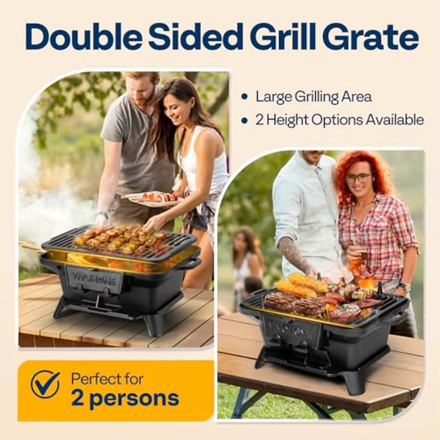 VIVOHOME Rectangle Cast Iron Charcoal Grill with Stainless Steel Double-Sided Grate Portable Outdoor BBQ Grill Compact Tabletop