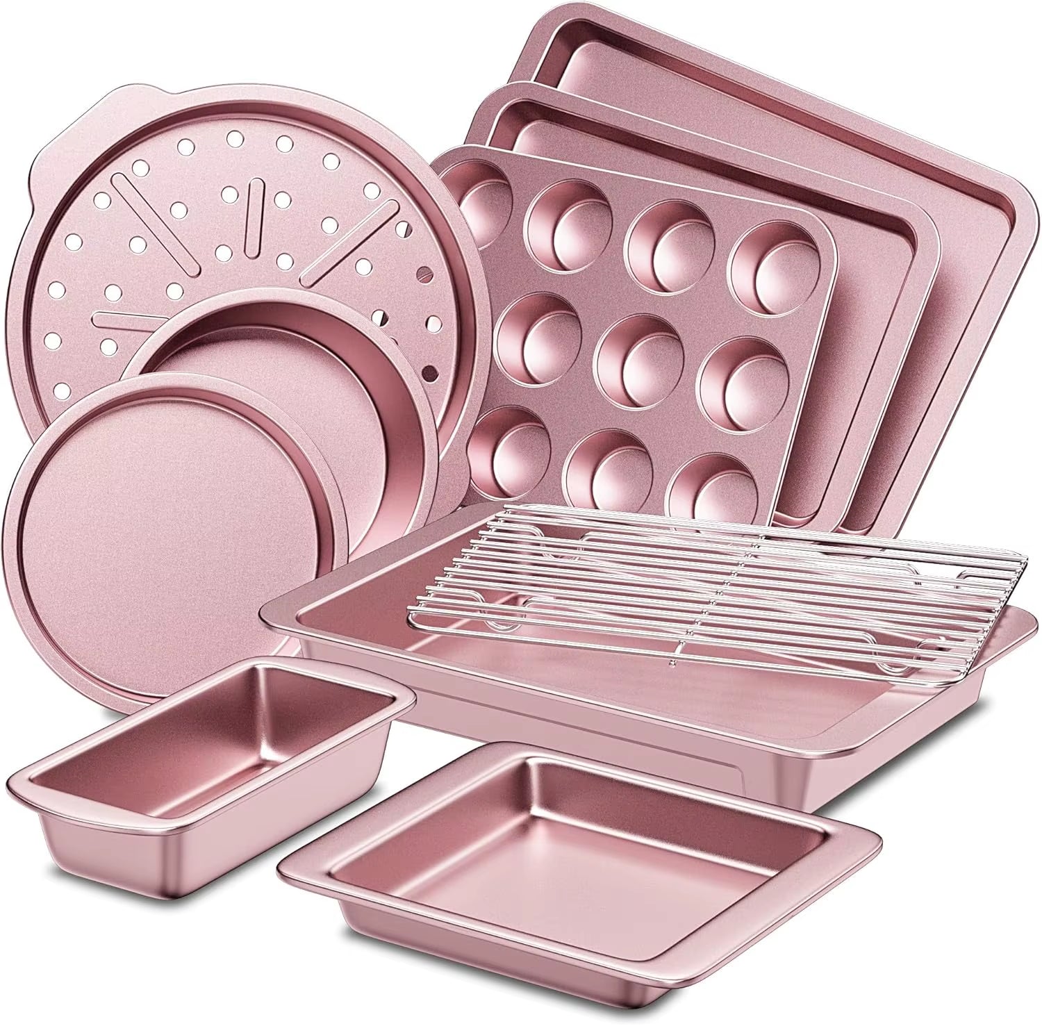 10-Piece Nonstick Baking Pan Set with Cooling Rack, Cookie Sheet, Cake Pans, Loaf & Muffin Pan - Pink