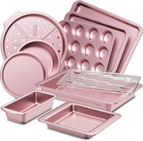 10-Piece Nonstick Baking Pan Set with Cooling Rack, Cookie Sheet, Cake Pans, Loaf & Muffin Pan - Pink