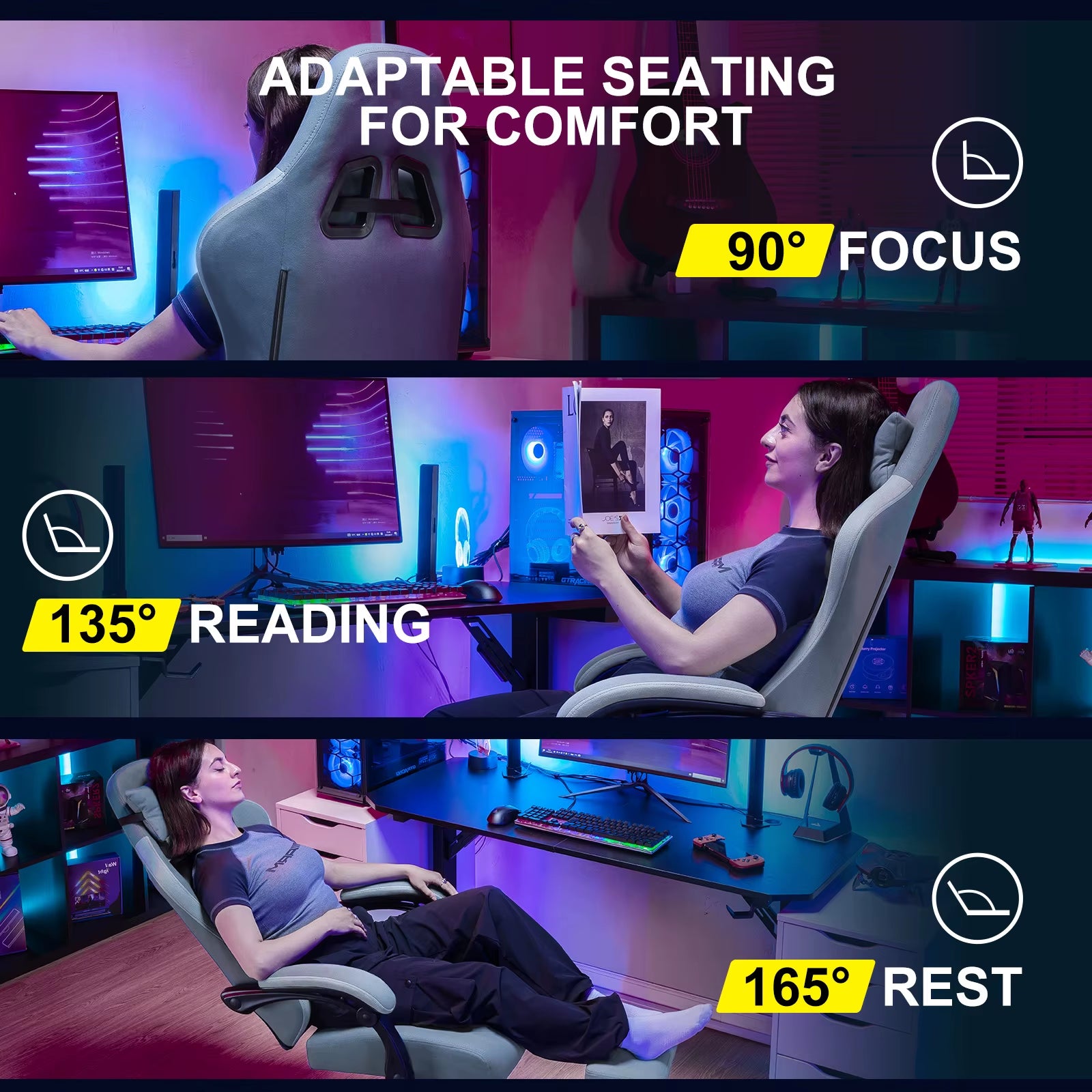 Ergonomic Gaming Chair with Pocket Spring Cushion, Adjustable Linkage Armrests, Footrest, and Lumbar Support